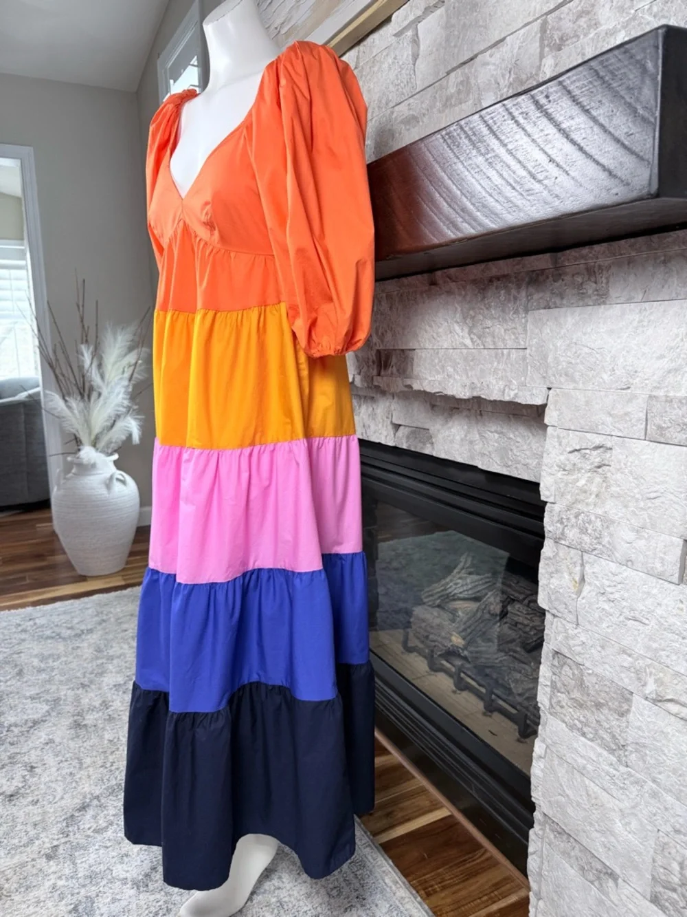 FARM Rio Anthropologie Colorblock Tiered Maxi Dress XS Puff Sleeve - Picture 3 of 6